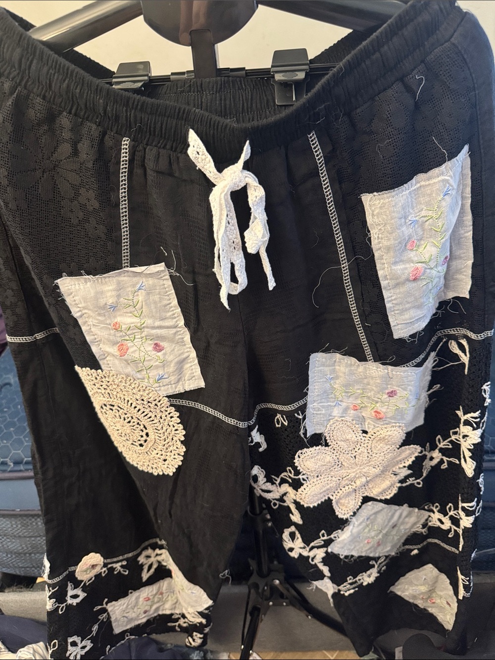 NWOT POL Black Wide-Leg Patchwork Embroidered Pants